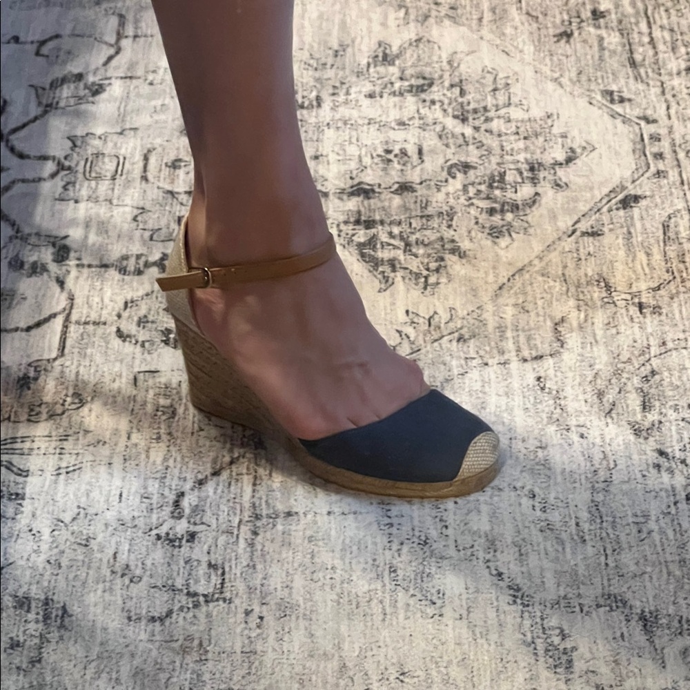 White Mountain Navy and Tan Espadrille Wedges